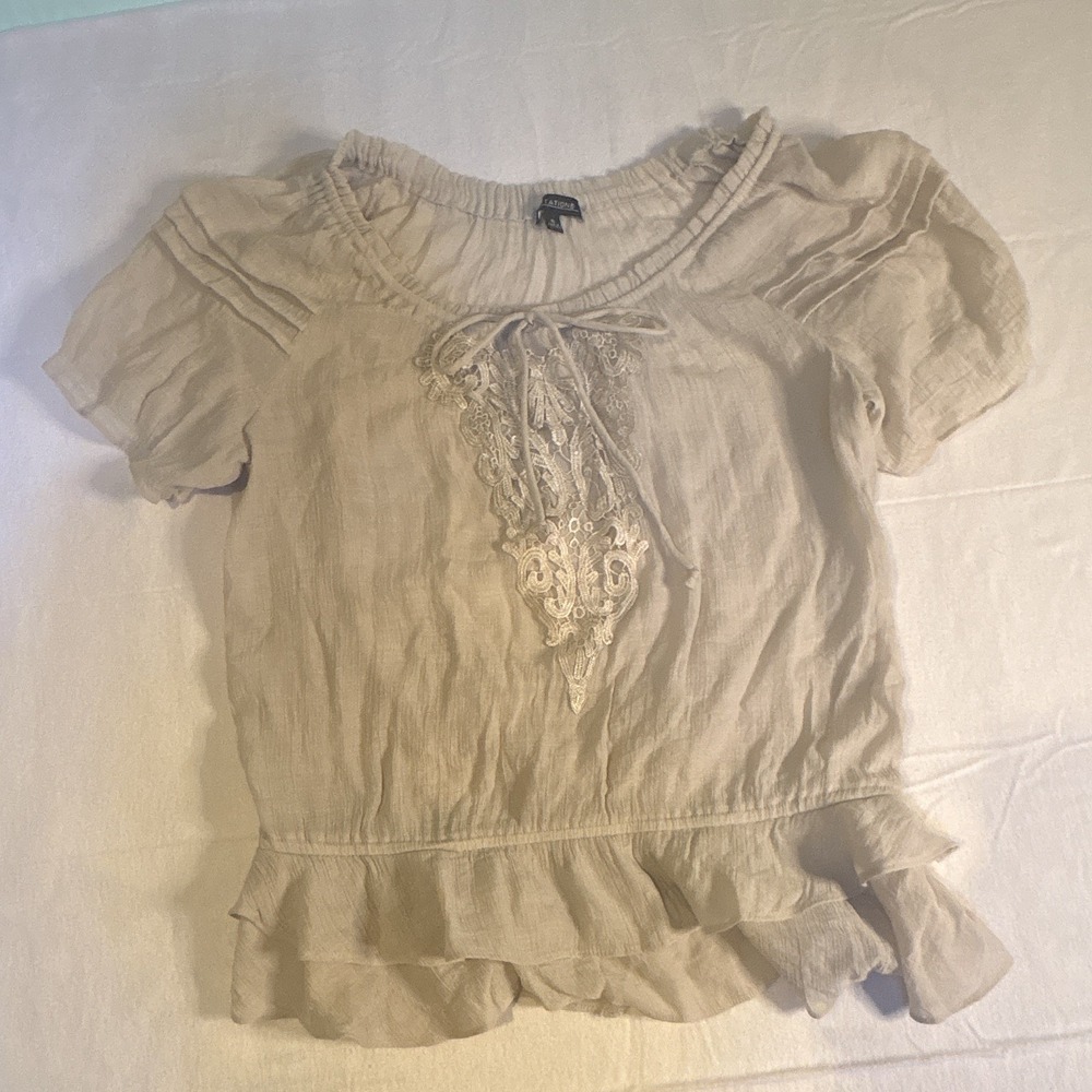 Notations Womens XL Beige Lace Bib Peasant Blouse Smocked Ruffle 1219